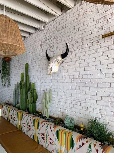 Southwest banquette with cactus planter and skull decor on a brick wall.