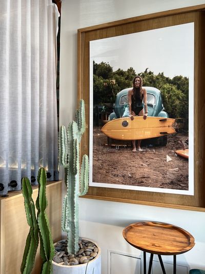 Indoor cactus in a grey planter beside framed surf photography.