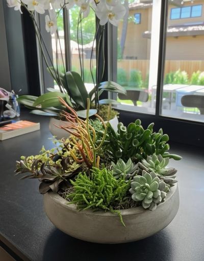 Mixed succulent bowl and a white orchid on a counter by bright windows.
