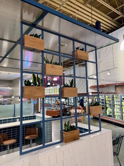 A blue-framed grid shelving divider holding wood planter boxes of snake plants, used as a feature wall above a seating counter in a boutique grocery store