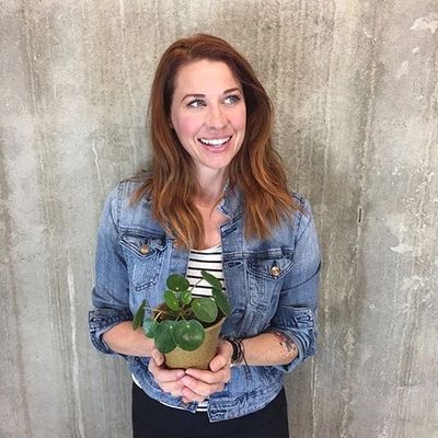 Plant stylist holding a potted pilea during a design consultation