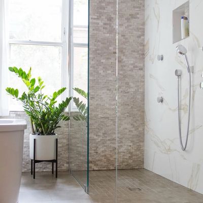 ZZ plant in a white pot styling a marble bathroom.