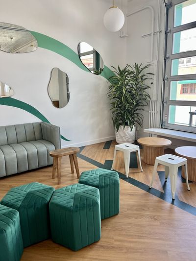 Office lounge with dracaena in a white planter and green velvet ottomans.