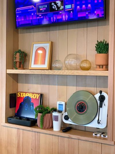 Wood shelves with trailing succulents, books, and a turntable.