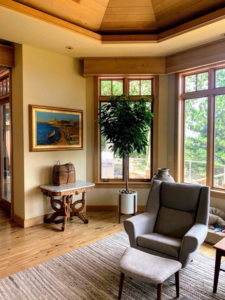 Dracaena tree in a white planter in a craftsman-style living room