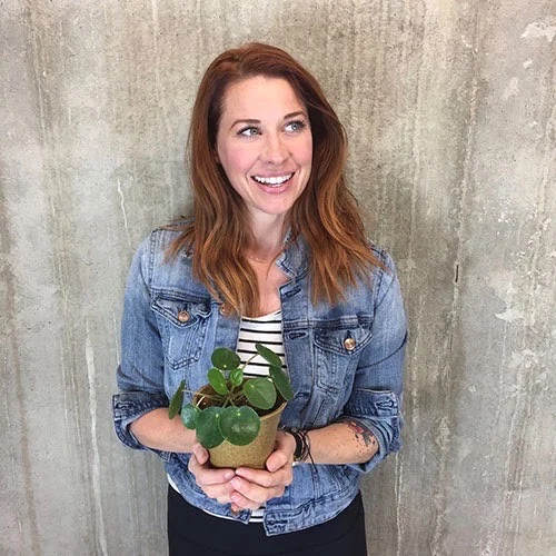Plant stylist holding a potted pilea during a design consultation